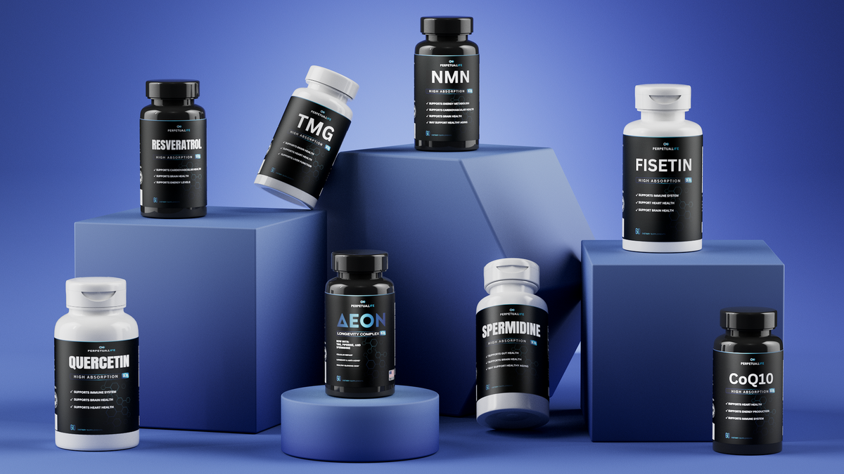 Pharma Tech supplement range – NMN, Resveratrol, AEON, TMG, Fisetin, Quercetin, Spermidine and CoQ10 bottles